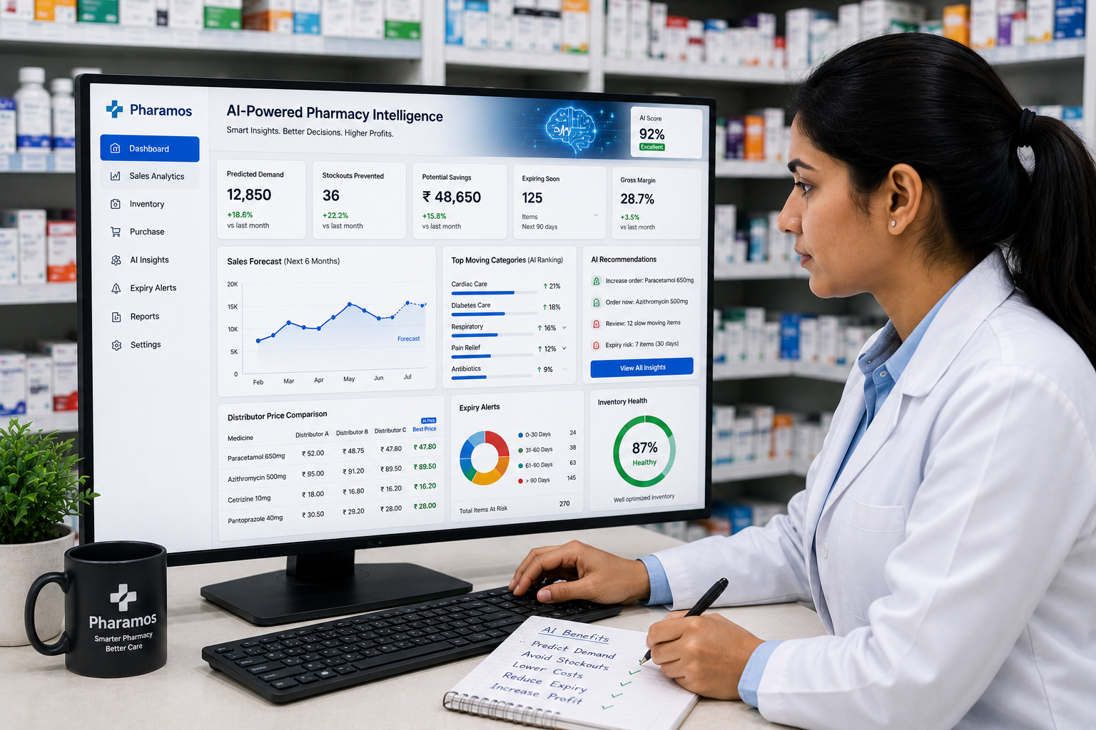 Artificial Intelligence dashboard analyzing pharmacy sales data